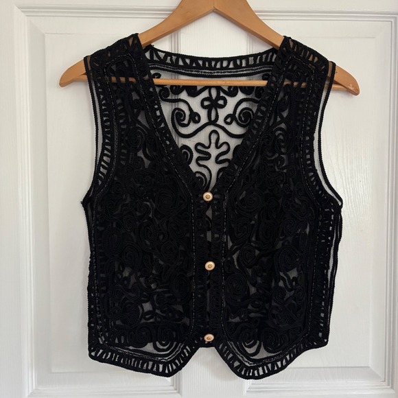 Jackets & Blazers - Soutache Beaded Mesh Vest Womens M Black Excellent Vintage Style Boho